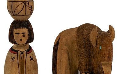 Zuni Folk Art - Doll and Buffalo by Alan Lewis