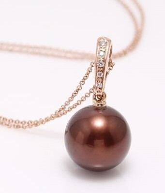 no reserve - 14 kt. Rose Gold - 11x12mm Round Chocolate Tahitian Pearl - Necklace with pendant - 0.04 ct