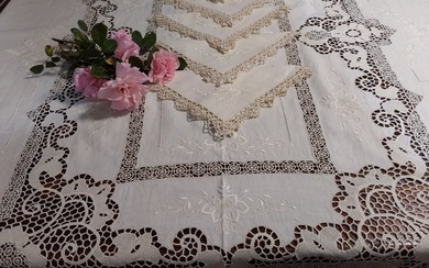 tablecloth with napkins in linen and Burano lace - Tablecloth (12) - 255 cm - 170 cm