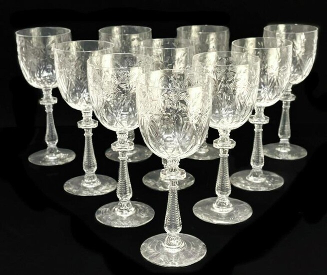 10 Cut Glass Water Goblets - Etched Leaves and Flowers
