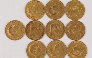 10 coins of 20 Francs gold Napoleon III laureate