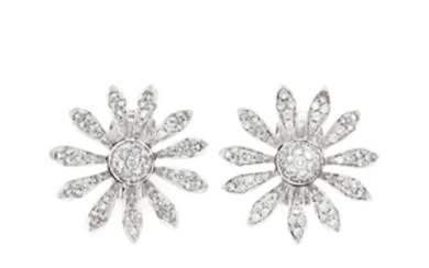 Pair of White Gold and Diamond Flower Earclips