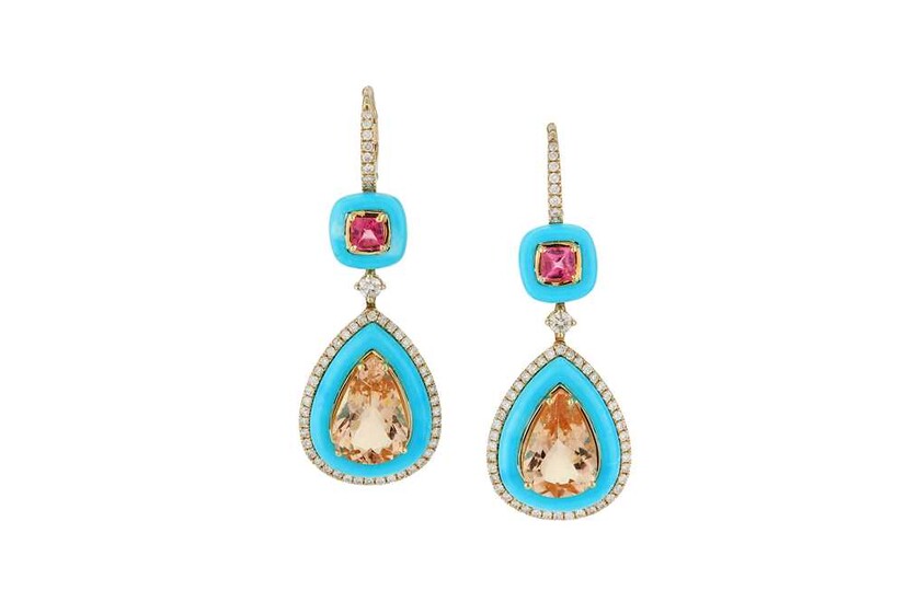 A pair of morganite, pink tourmaline, diamond and turquoise...