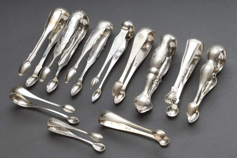 11 Various sugar tongs with different floral bright-cut decorations and thread patterns, partly engraved, German (1x Austrian) 19th century, silver, 381g, l. 10-16cm, slight signs of usage, partly slightly bent