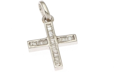 A diamond pendant in the shape of a cross set with numerous diamonds, mounted in 14k white gold. W. 13 mm. H. incl. eye-let 23 mm.