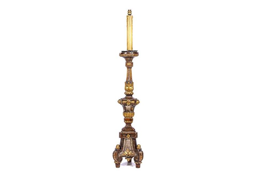 AN 18TH CENTURY ITALIAN GILTWOOD AND GESSO CANDELABRA ADAPTED...