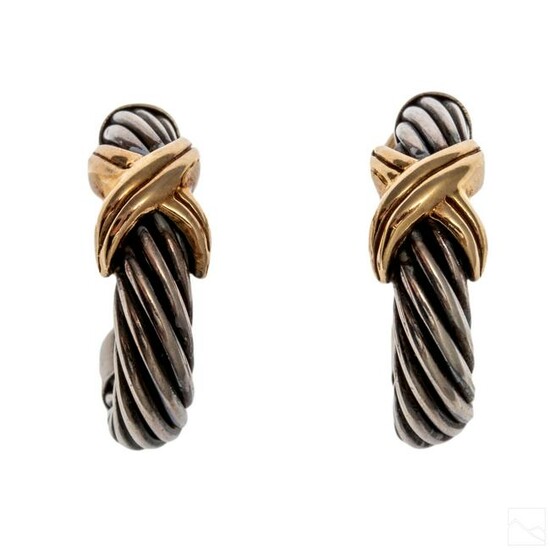 14K Gold & Sterling Designer Signed Cable Earrings
