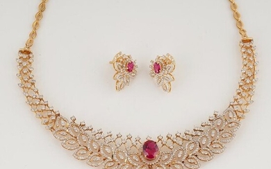 18 K Yellow Gold Diamond & Ruby Necklace with Earrings