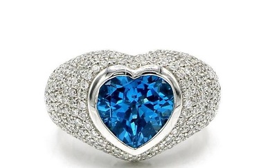 18K White Gold Topaz & Pave Diamond Heart Ring