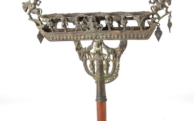 18TH CENTURY, INDIA, KERALA OIL LAMP WITH FIVE RECEPTACLES AND HORSEMAN TERMINALS H 11.5" W 15"