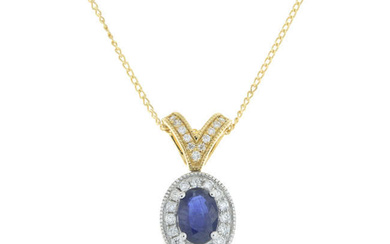 18ct gold sapphire & diamond cluster pendant, with chain.