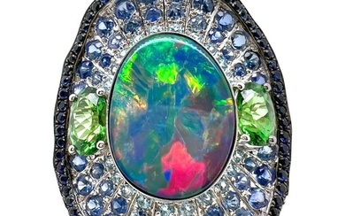 18k White Gold Opal Ring with Tsavorite, Colored Sapphires, and Diamonds