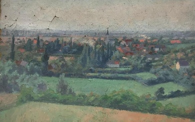 1900's French Impressionist Oil - Panoramic Rooftop View over Village Houses
