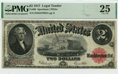 1917 $2 Legal Tender Small Red Scalloped Fr# 60 PMG VF25