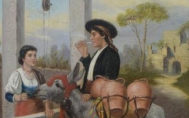 19th Century Oil on Canvas Lovers at the Well