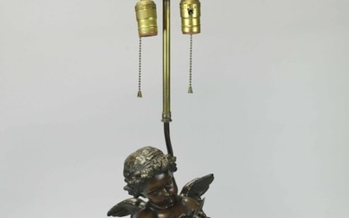 19th Century Patina Bronze Cupid Sharpening Arrow On A Wood Base, Dore bronze rewired by Mathurin