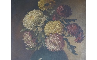 19th century oil on canvas, Still life of chrysanthemums in ...