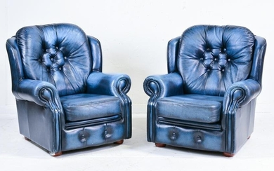 2 British Blue Leather Chesterfield Arm Chairs