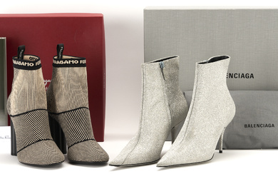 2 Prs. Designer Boots, incl. Knit Salvatore Ferragamo & Silver Glitter Balenciaga