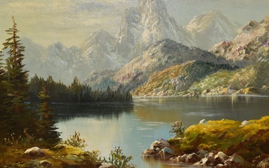 20th Century School, oil on canvas, A continental mountain landscape of mid-20th Century style