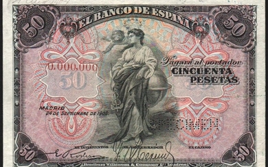 24 de septiembre de 1906. 50 pesetas. SPECIMEN. SC. Muy raro