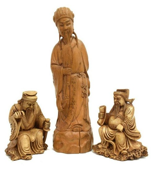 (3) CHINESE CARVED WOOD, STONE FIGURES ZHUGE LIANG