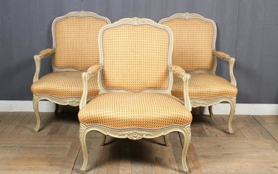 3 LXV Style Woven Cane Upholstered Armchairs