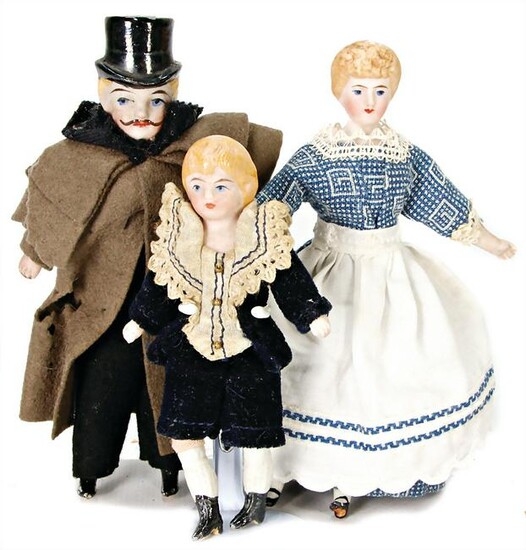 3 pieces, dollhouse dolls, bisque shoulder headed doll