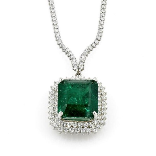 32.50ct Emerald and Pave Diamond Necklace 18K WG