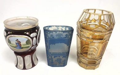 3pc Bohemian Glass Mozer Style Vases. One with detailed