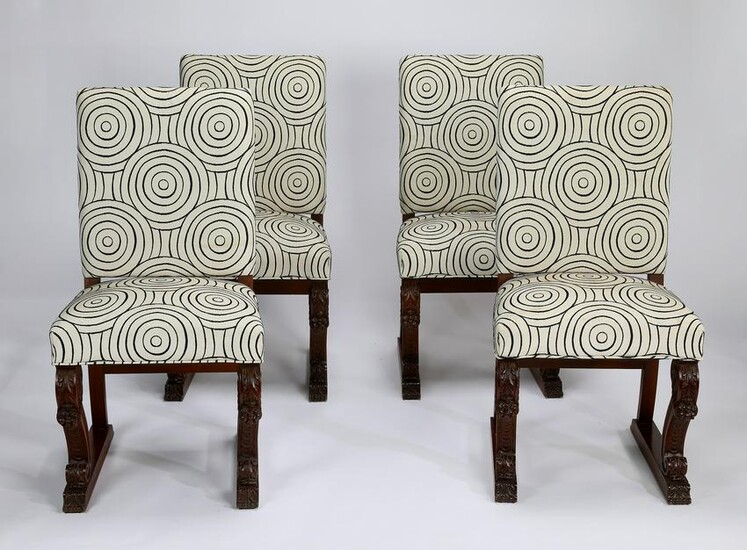 (4) Carved oak chairs with contemporary upholstery