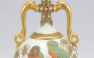 ROYAL WORCESTER IVORY-GROUND PORCELAIN VASE In bottle form, with two scrolled handles and raised gilt and enamel decoration of two b...