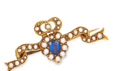ANTIQUE SAPPHIRE, DIAMOND AND PEARL SWEETHEART BROOCH