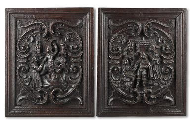A pair of carved oak panels, Flemish, circa 1620, with scenes from The Parable of the Prodigal Son