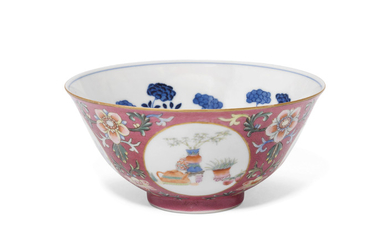 A CHINESE FAMILLE ROSE PINK-GROUND 'MEDALLION' BOWL, DAOGUANG SIX-CHARACTER SEAL MARK IN UNDERGLAZE BLUE AND OF THE PERIOD (1821-1850)