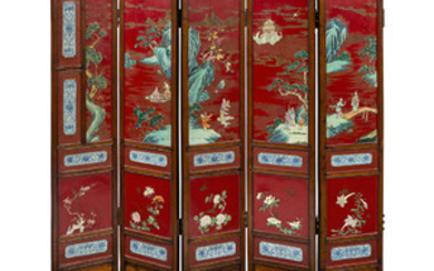 Chinese Porcelain Inlaid Lacquered Hardwood Ten-Panel Folding Screen