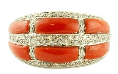 Coral, Diamonds, 14k White Gold Band Ring