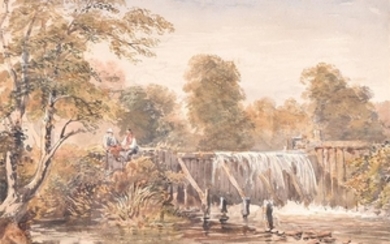 David Cox Junior (1809-1885) British a peaceful scene of two figures sitting beside a weir, watercolour, unsigned, framed...