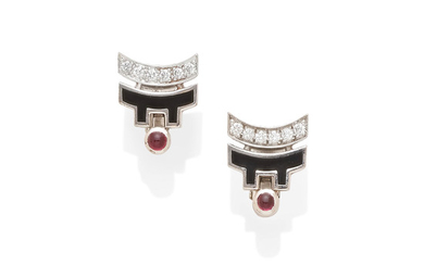 A pair of Diamond and ruby ear clips,, Cartier