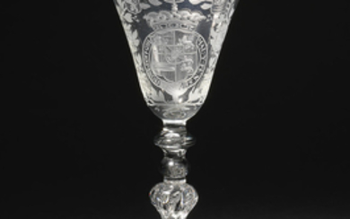 A Dutch engraved light baluster wine goblet attributed to Jacob Sang, circa 1750