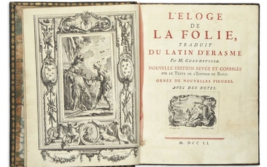 ERASMUS, DESIDERIUS. L'Éloge de la Folie. French translation by Nicolas Gueudeville. Etched frontispiece...