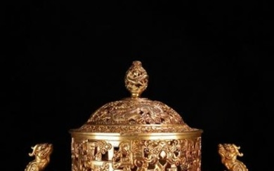 A GILT BRONZE EAR CENSER WITH DRAGON SHAPED