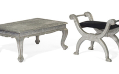 AN INDIAN SILVERED-METAL AND BRASS-VENEERED LOW TABLE, 20TH CENTURY
