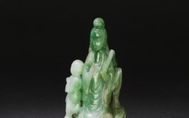 Jadeite Carved Guanyin w/ Wood Stand, 19th Century