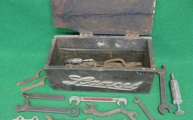Old wooden tool box fitted with an alloy Lancet badge containing old tools and greasers including Ransomes, Brooks, BR(S),...