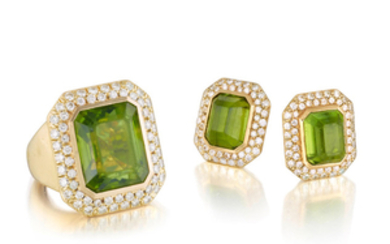 A peridot and diamond ring and earclip suite