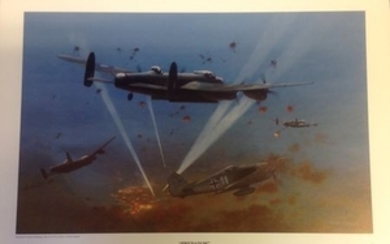 Predator WW2 Lancasters under Attack print by Keith Aspinall titled Arrowhead, approx. 17 x 12 inches signed by Keith Aspinall....