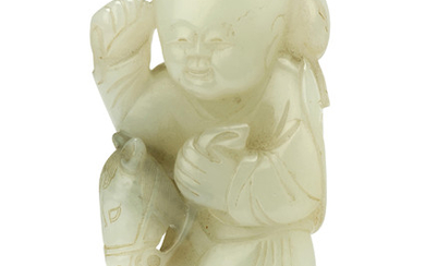 A SMALL GREENISH-WHITE CARVING OF A BOY ON A HOBBY HORSE, 18TH CENTURY