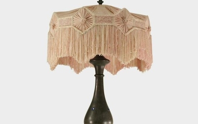 Tall Antique Jeweled Bronze Lamp Base, Pink Silk Shade