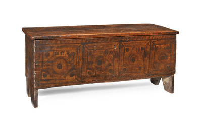 A rare Charles II painted oak boarded chest, Yorkshire and the surrounding area, circa 1680